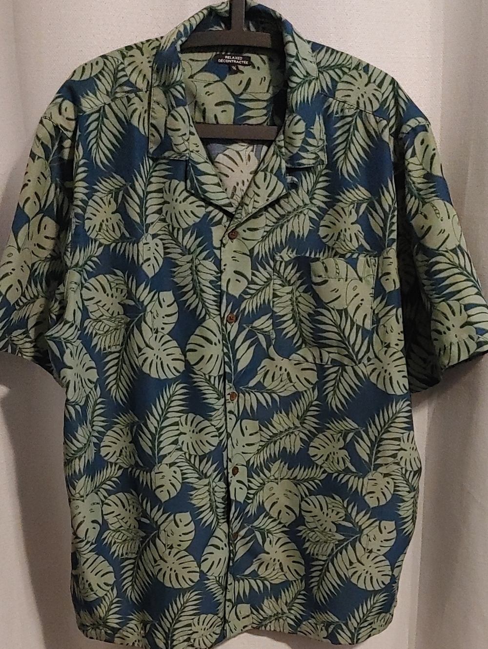 (4/$20)George Men's Green Blue Short-Sleeve Button-Down with Tropical Leaf Print